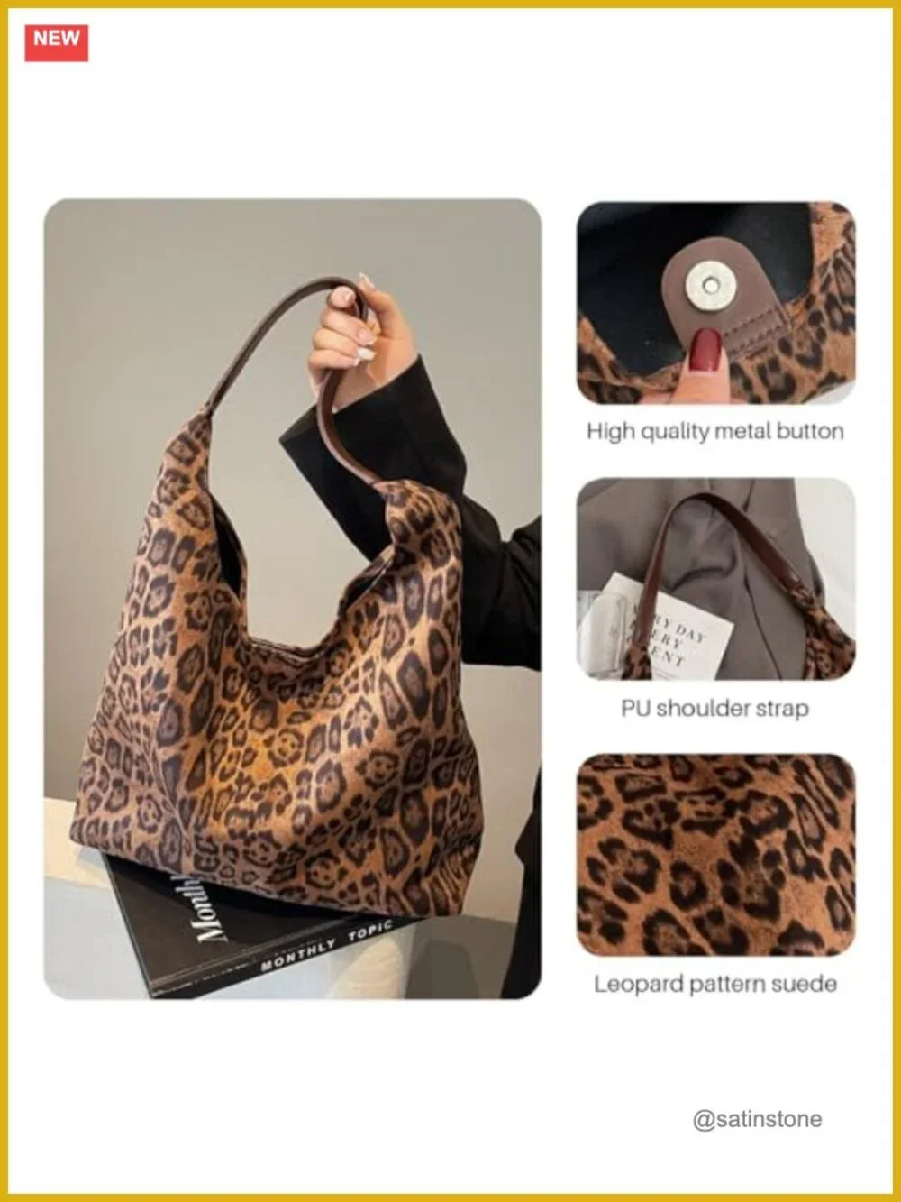 Faux Suede Leopard Print Hobo Tote Bag with Matching Purse, Large Capacity